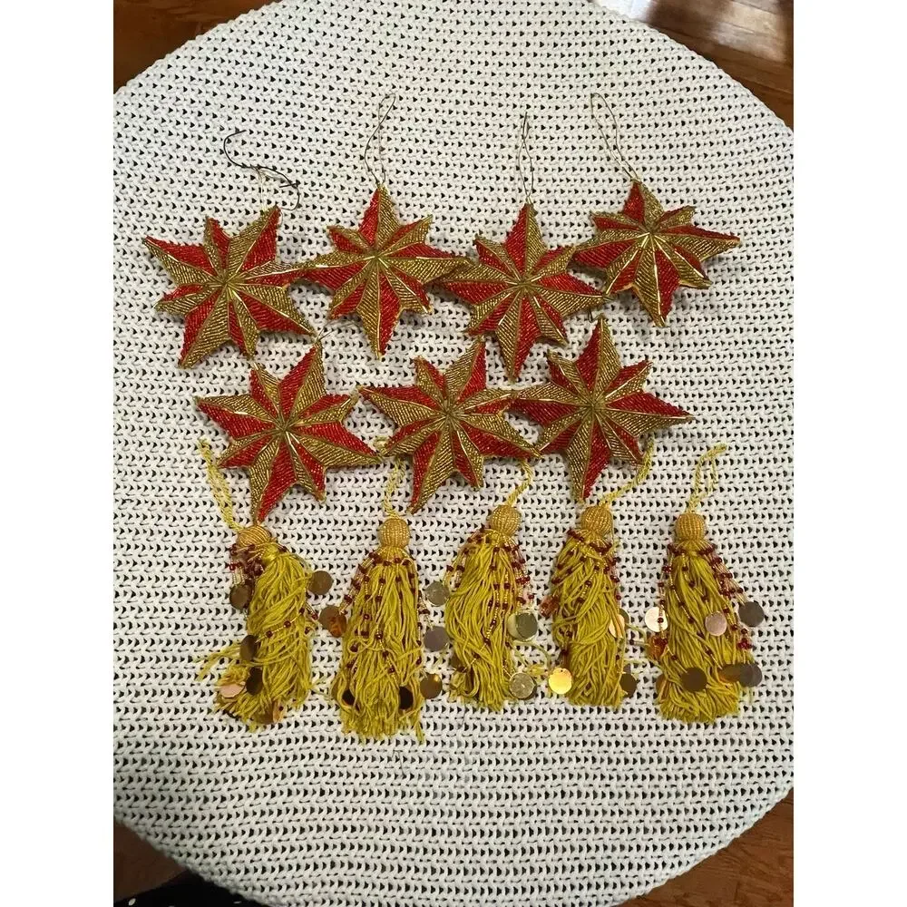 Vintage Art Deco Beaded Star Tassel Christmas Ornaments Gold Red Sparkles Set